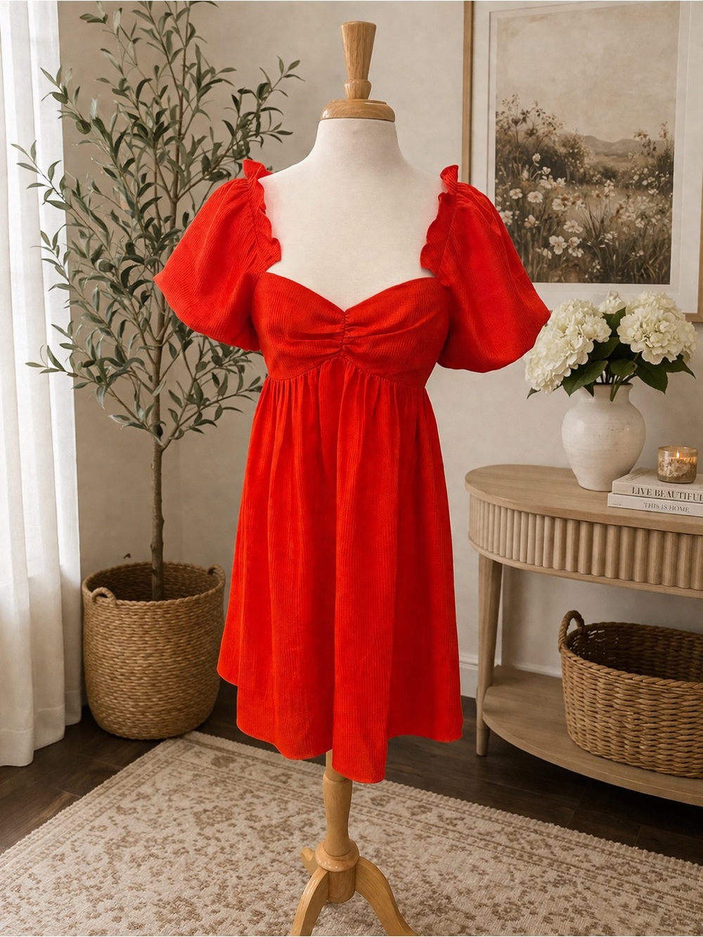 English Factory Orange Puff Sleeve Babydoll Dress Romantic Cottagecore Mini